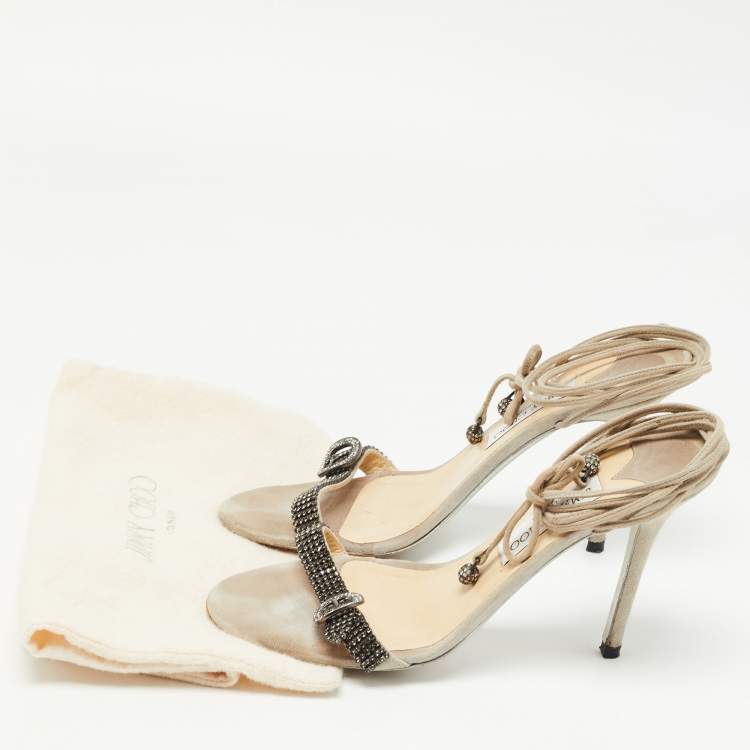 Pre Owned Jimmy Choo Grey Suede Crystal Embellished Ankle Wrap Sandals Size 40