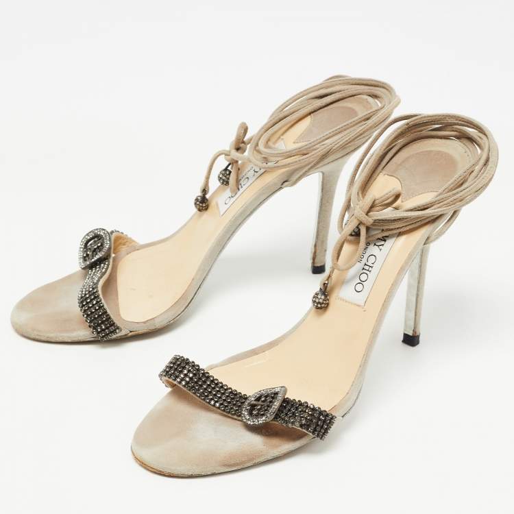 Pre Owned Jimmy Choo Grey Suede Crystal Embellished Ankle Wrap Sandals Size 40