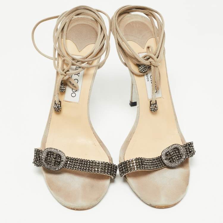 Pre Owned Jimmy Choo Grey Suede Crystal Embellished Ankle Wrap Sandals Size 40
