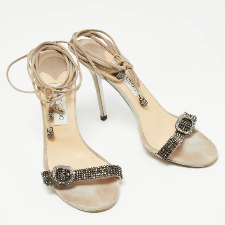 Pre Owned Jimmy Choo Grey Suede Crystal Embellished Ankle Wrap Sandals Size 40
