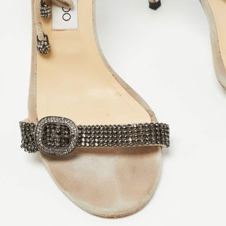 Pre Owned Jimmy Choo Grey Suede Crystal Embellished Ankle Wrap Sandals Size 40