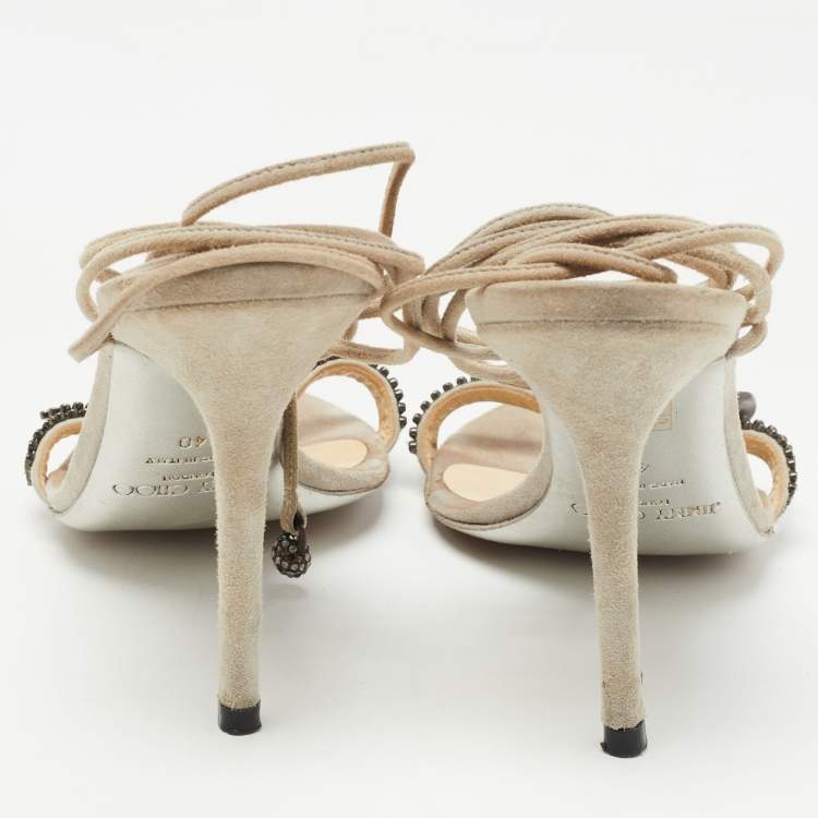 Pre Owned Jimmy Choo Grey Suede Crystal Embellished Ankle Wrap Sandals Size 40