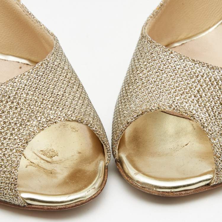 Pre Owned Jimmy Choo Gold Lurex Fabric Evelyn Peep Toe Pumps Size 37