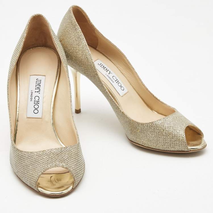 Pre Owned Jimmy Choo Gold Lurex Fabric Evelyn Peep Toe Pumps Size 37