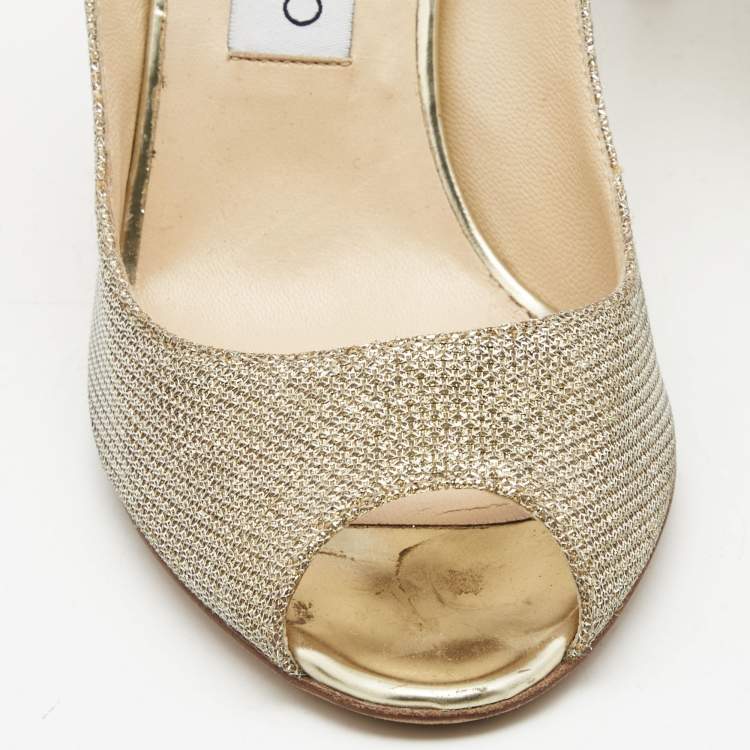 Pre Owned Jimmy Choo Gold Lurex Fabric Evelyn Peep Toe Pumps Size 37