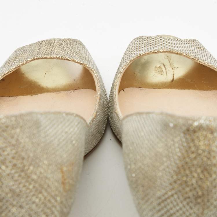 Pre Owned Jimmy Choo Gold Lurex Fabric Evelyn Peep Toe Pumps Size 37