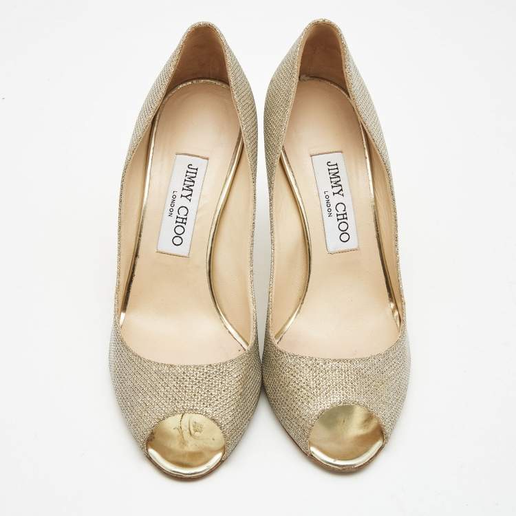 Pre Owned Jimmy Choo Gold Lurex Fabric Evelyn Peep Toe Pumps Size 37