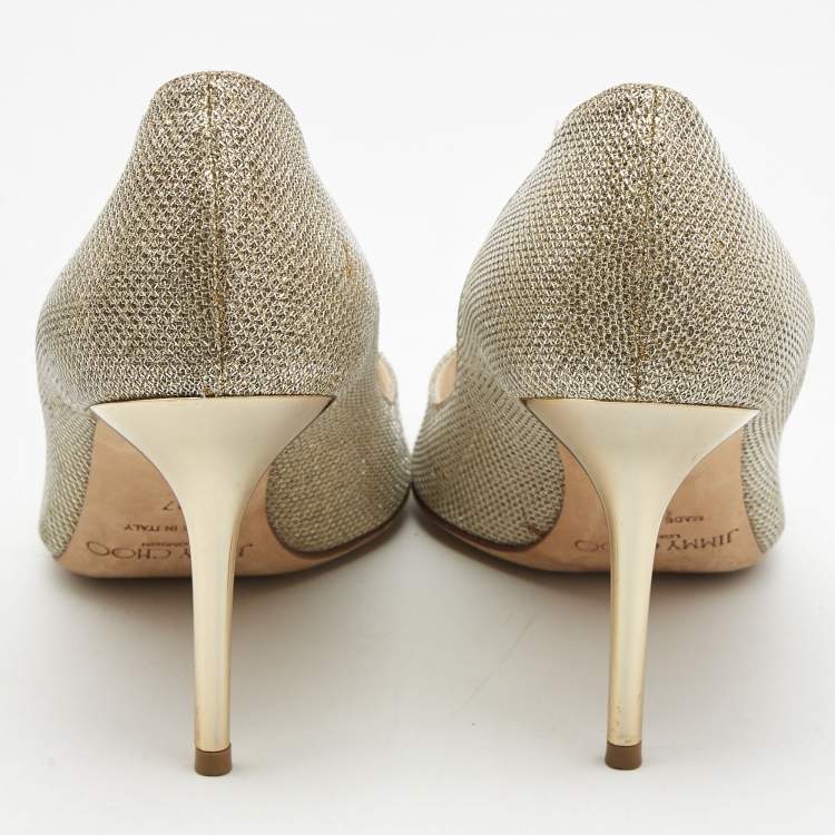 Pre Owned Jimmy Choo Gold Lurex Fabric Evelyn Peep Toe Pumps Size 37