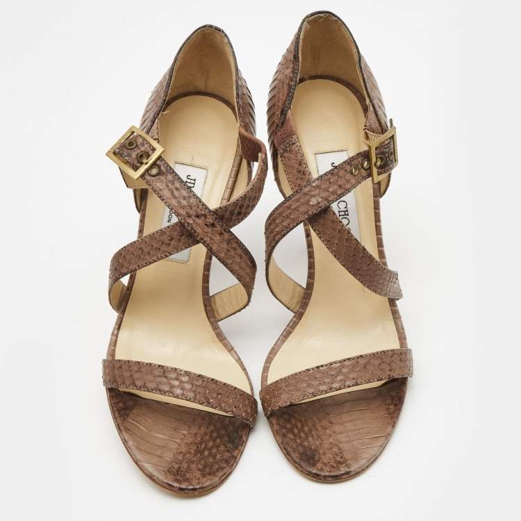 Pre Owned Choo Brown Watersnake Cross Strap Block Heel Sandals Size 39