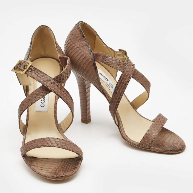 Pre Owned Choo Brown Watersnake Cross Strap Block Heel Sandals Size 39