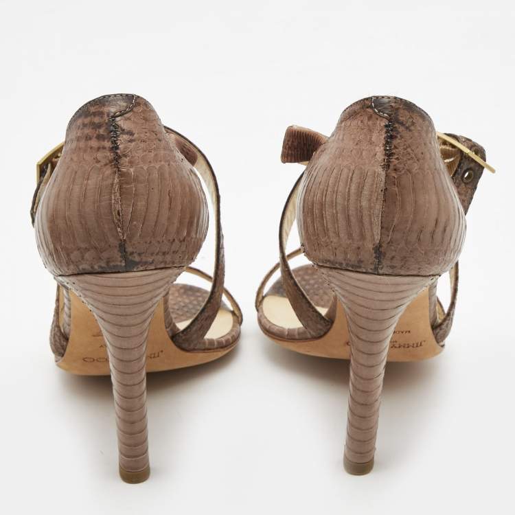 Pre Owned Choo Brown Watersnake Cross Strap Block Heel Sandals Size 39