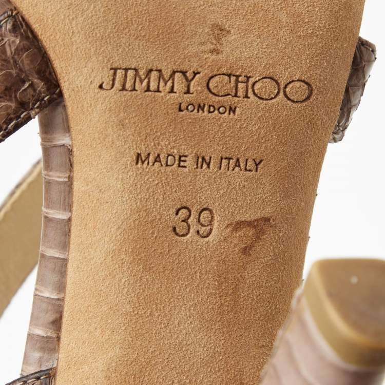 Pre Owned Choo Brown Watersnake Cross Strap Block Heel Sandals Size 39