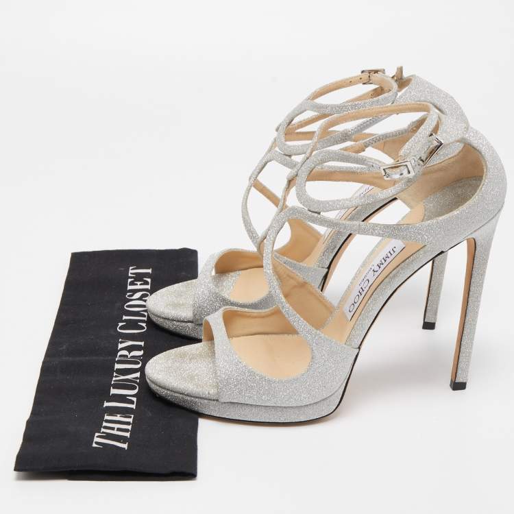 Pre Owned Jimmy Choo Silver Glitter Lance Platform Sandals Size 39