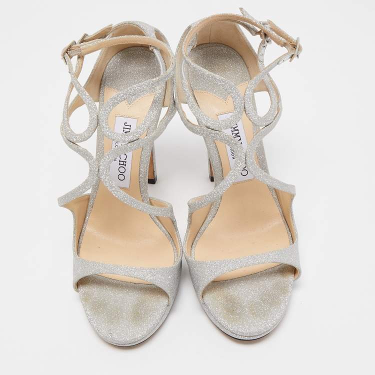 Pre Owned Jimmy Choo Silver Glitter Lance Platform Sandals Size 39