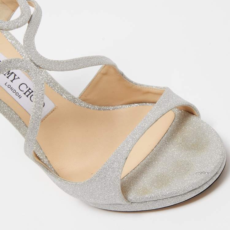 Pre Owned Jimmy Choo Silver Glitter Lance Platform Sandals Size 39