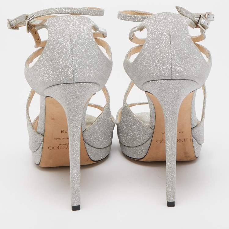 Pre Owned Jimmy Choo Silver Glitter Lance Platform Sandals Size 39
