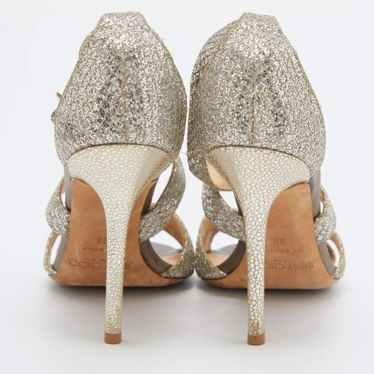 Pre Owned Jimmy Choo Gold Glitter Louise Strappy Sandals Size 38