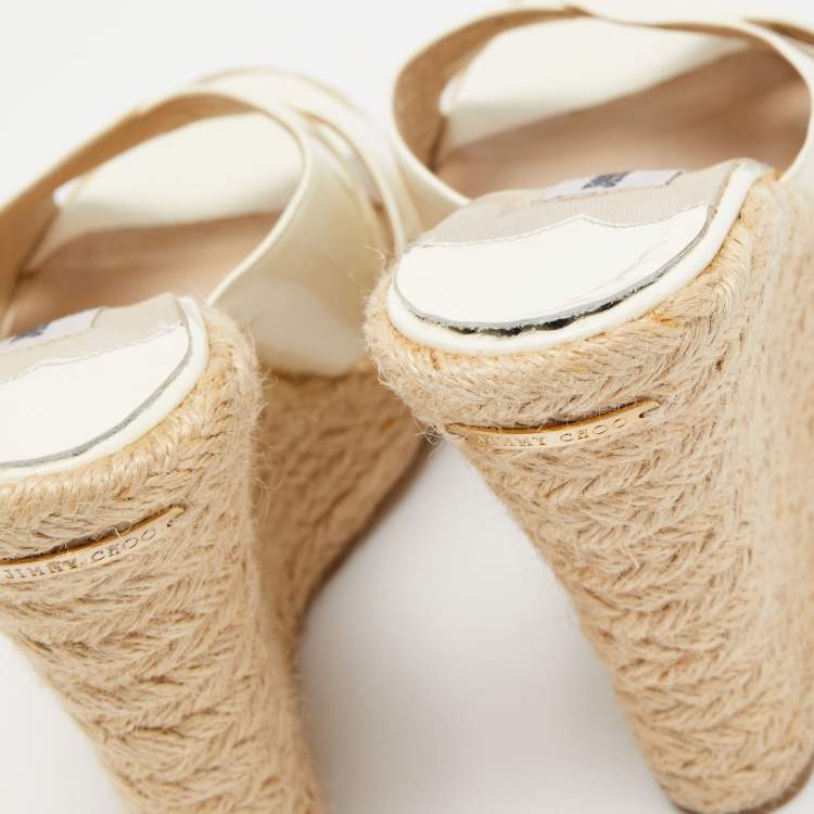 Pre Owned Jimmy Choo Off White Patent Leather Phyllis Espadrille Sandals Size 38