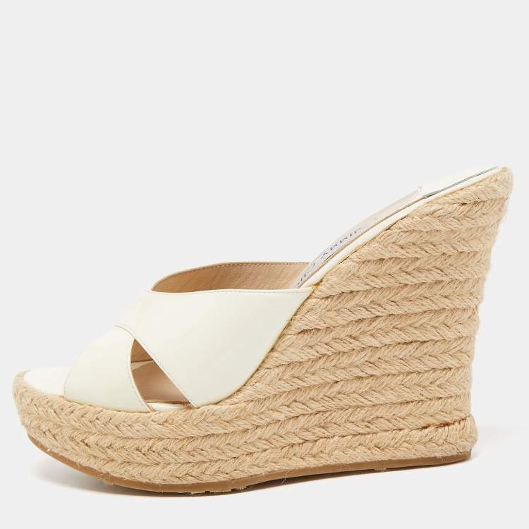 Pre Owned Jimmy Choo Off White Patent Leather Phyllis Espadrille Sandals Size 38