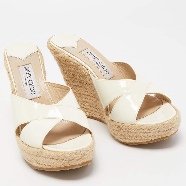 Pre Owned Jimmy Choo Off White Patent Leather Phyllis Espadrille Sandals Size 38