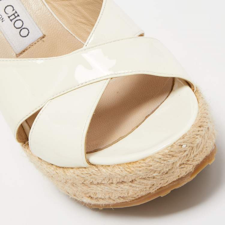 Pre Owned Jimmy Choo Off White Patent Leather Phyllis Espadrille Sandals Size 38