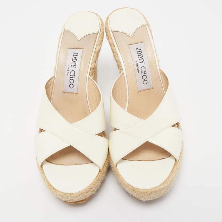 Pre Owned Jimmy Choo Off White Patent Leather Phyllis Espadrille Sandals Size 38