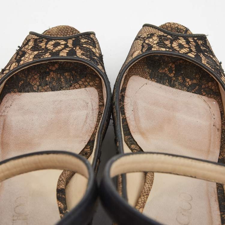 Pre Owned Jimmy Choo Brown/Black Cork and Lace Wedge Ankle Strap Pumps Size 38