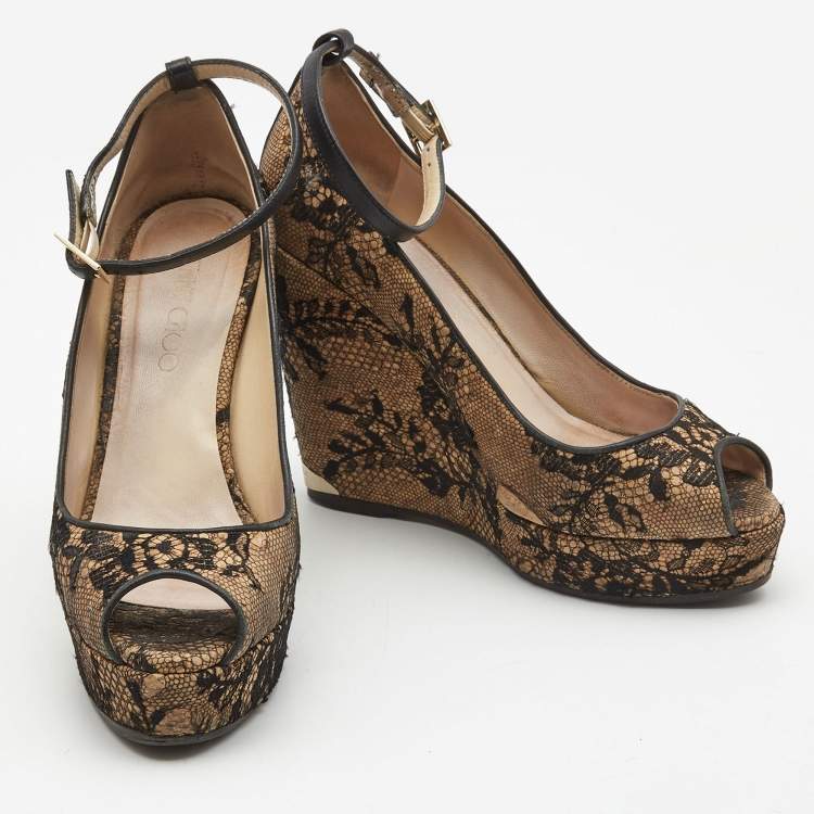 Pre Owned Jimmy Choo Brown/Black Cork and Lace Wedge Ankle Strap Pumps Size 38