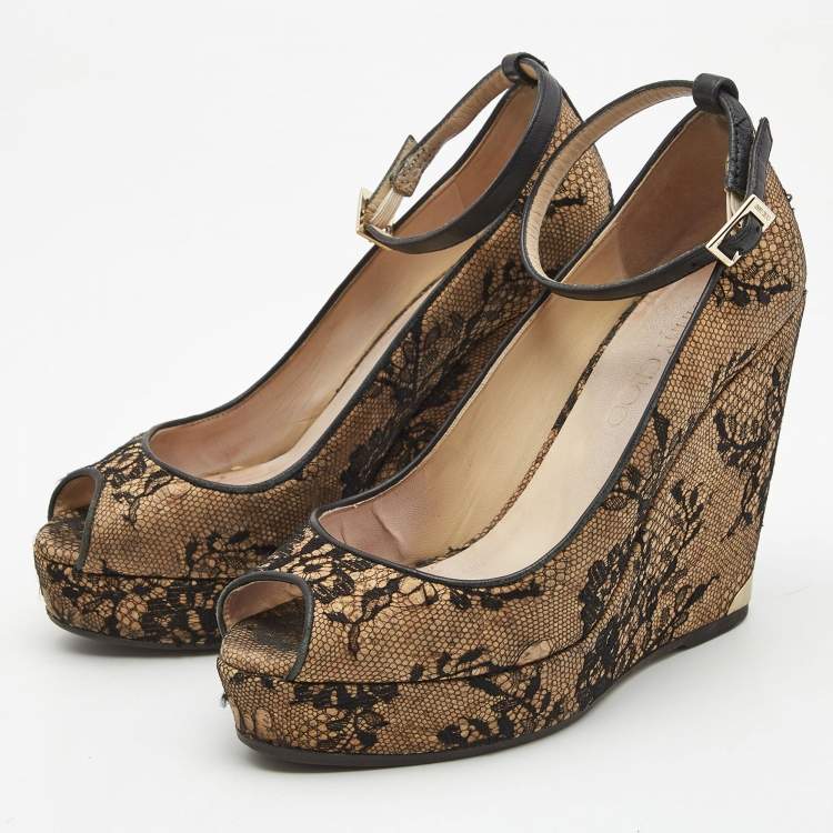 Pre Owned Jimmy Choo Brown/Black Cork and Lace Wedge Ankle Strap Pumps Size 38
