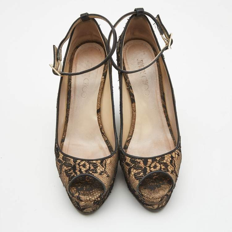 Pre Owned Jimmy Choo Brown/Black Cork and Lace Wedge Ankle Strap Pumps Size 38