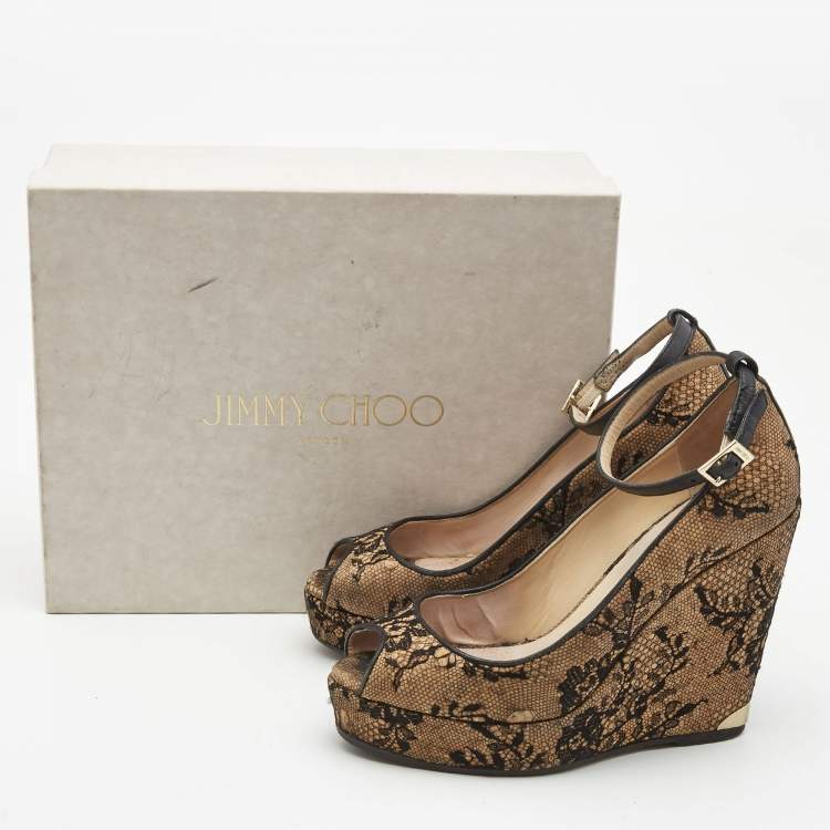 Pre Owned Jimmy Choo Brown/Black Cork and Lace Wedge Ankle Strap Pumps Size 38