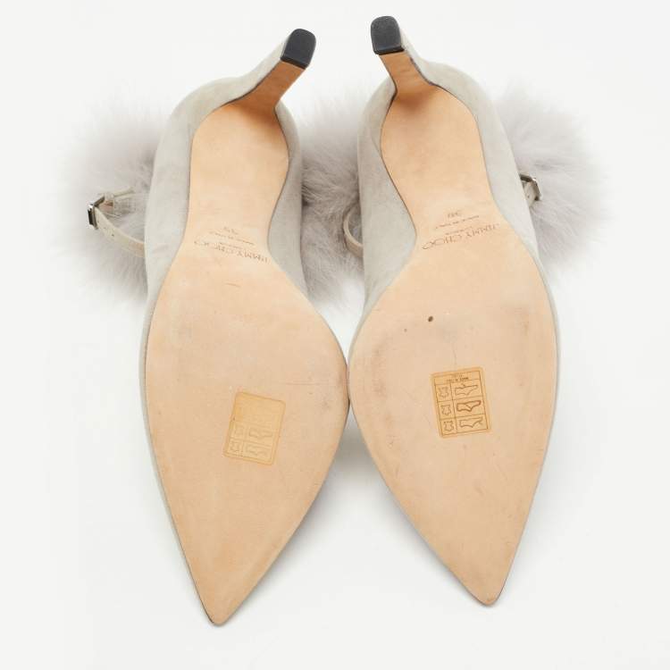Pre Owned Jimmy Choo Grey Leather And Fur South Pom Pom Pointed Toe Pumps Size 39