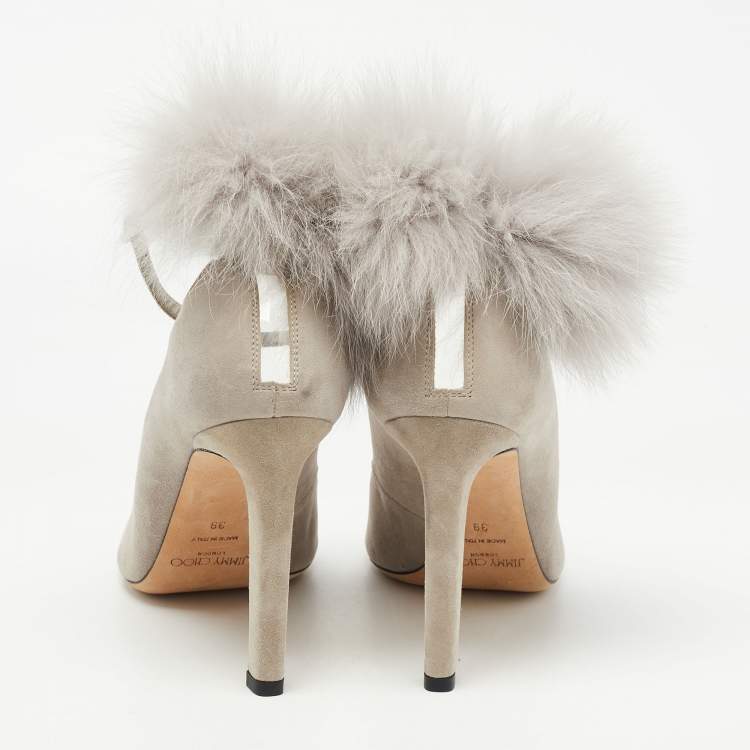 Pre Owned Jimmy Choo Grey Leather And Fur South Pom Pom Pointed Toe Pumps Size 39