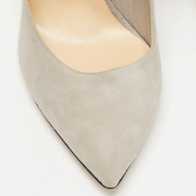 Pre Owned Jimmy Choo Grey Leather And Fur South Pom Pom Pointed Toe Pumps Size 39