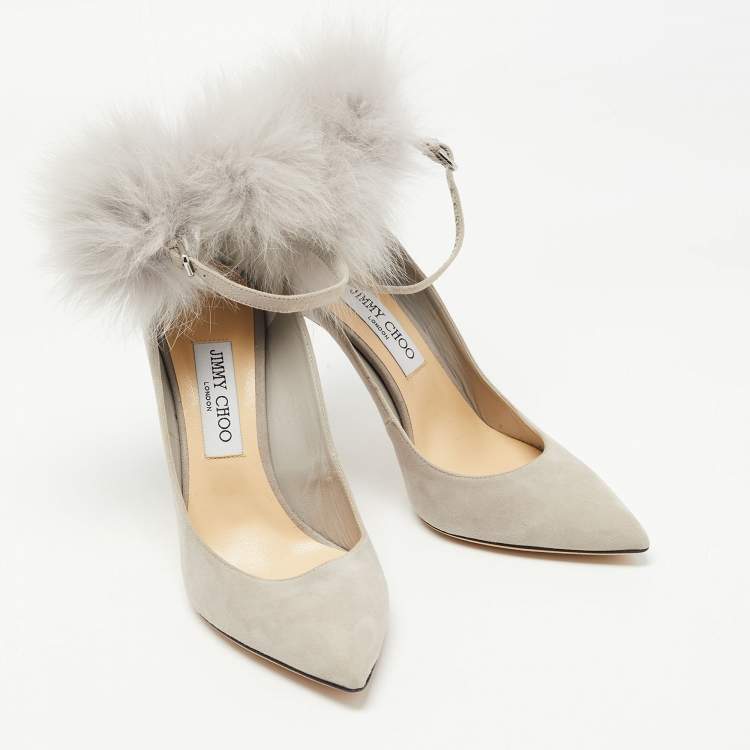 Pre Owned Jimmy Choo Grey Leather And Fur South Pom Pom Pointed Toe Pumps Size 39