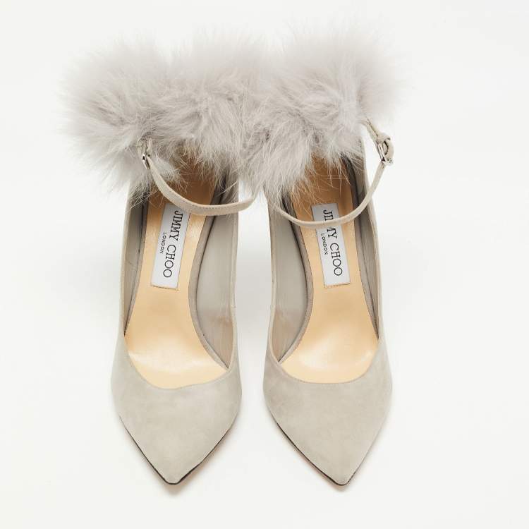 Pre Owned Jimmy Choo Grey Leather And Fur South Pom Pom Pointed Toe Pumps Size 39