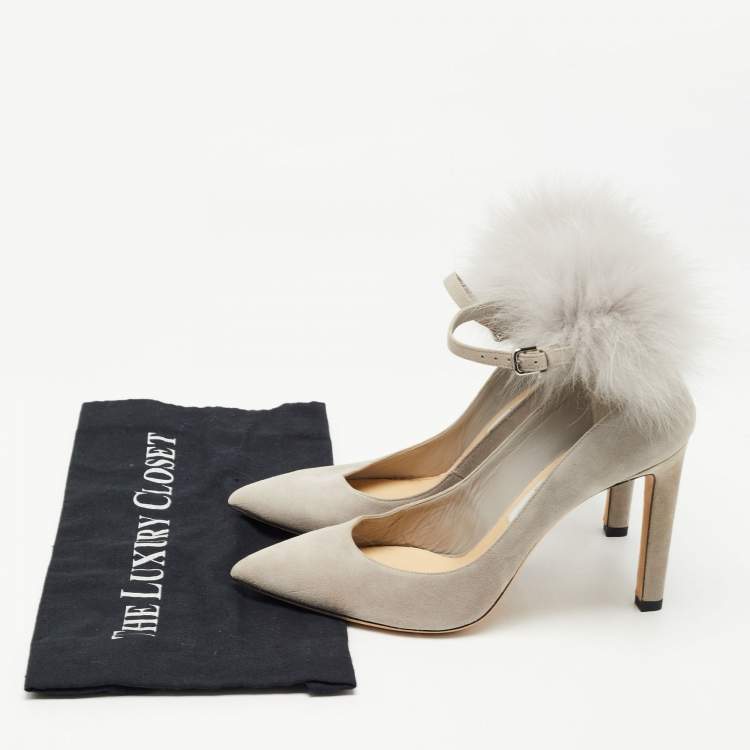 Pre Owned Jimmy Choo Grey Leather And Fur South Pom Pom Pointed Toe Pumps Size 39