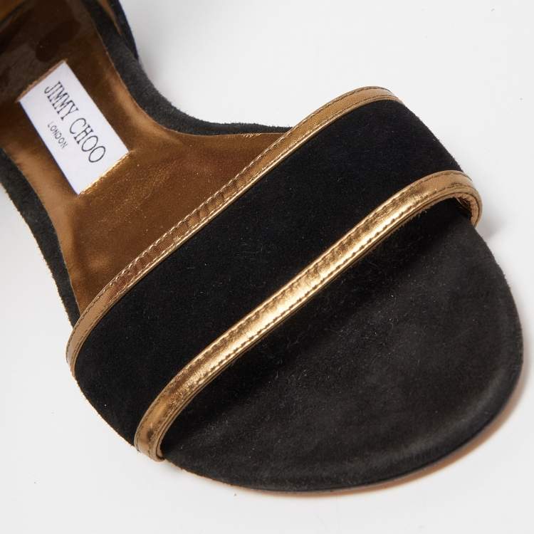 Pre Owned Jimmy Choo Black/Gold Suede and Leather Ankle Strap Flats Size 37.5
