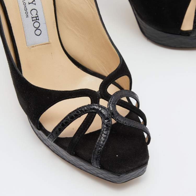 Pre Owned Jimmy Choo Black Suede and Watersnake Leather Ankle Strap Sandals Size 37.5