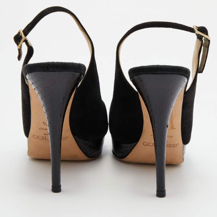 Pre Owned Jimmy Choo Black Suede and Watersnake Leather Ankle Strap Sandals Size 37.5