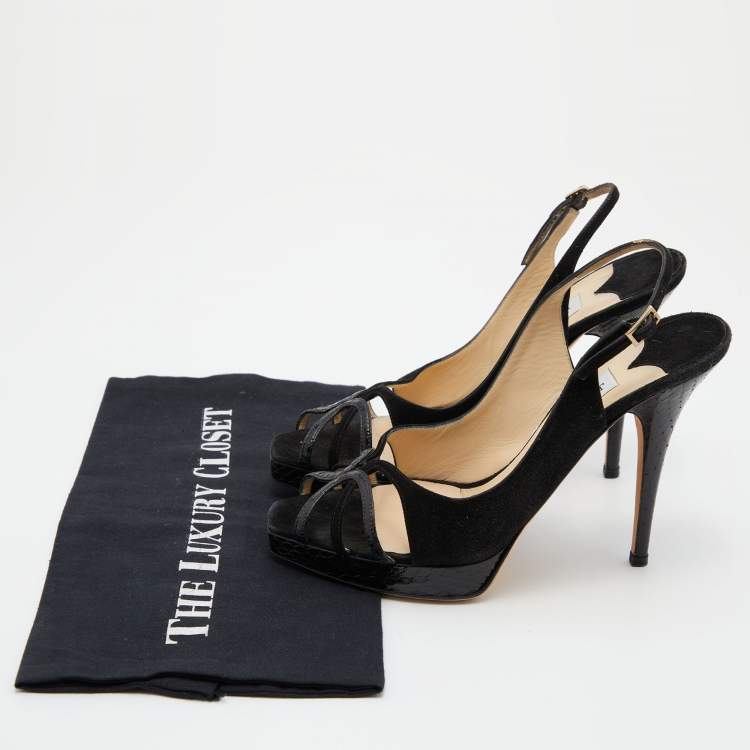 Pre Owned Jimmy Choo Black Suede and Watersnake Leather Ankle Strap Sandals Size 37.5
