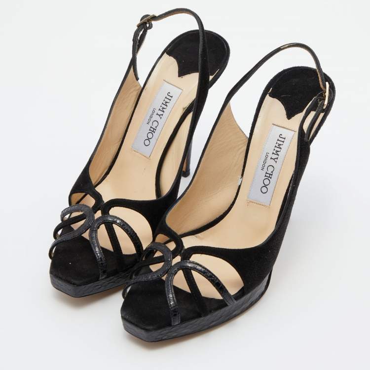 Pre Owned Jimmy Choo Black Suede and Watersnake Leather Ankle Strap Sandals Size 37.5
