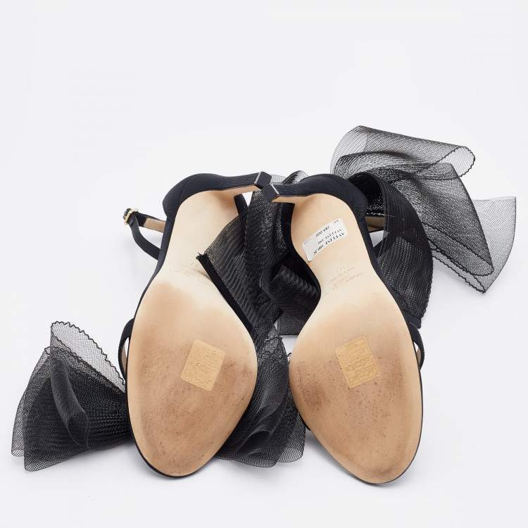 Pre Owned Jimmy Choo Black Grosgrain and Mesh Bow Aveline Sandals Size 37