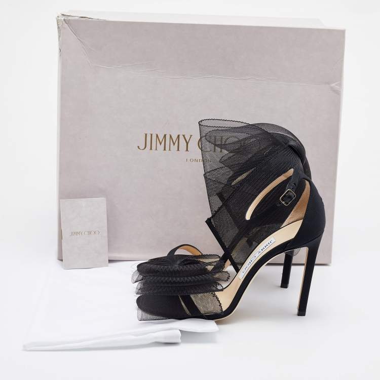 Pre Owned Jimmy Choo Black Grosgrain and Mesh Bow Aveline Sandals Size 37