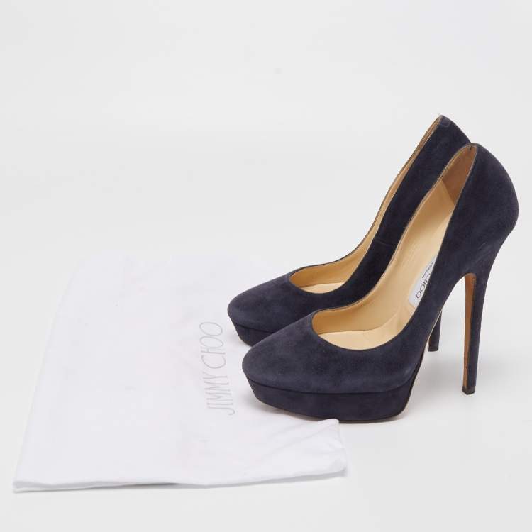 Pre Owned Jimmy Choo Navy Blue Suede Cosmic Platform Pumps Size 38.5