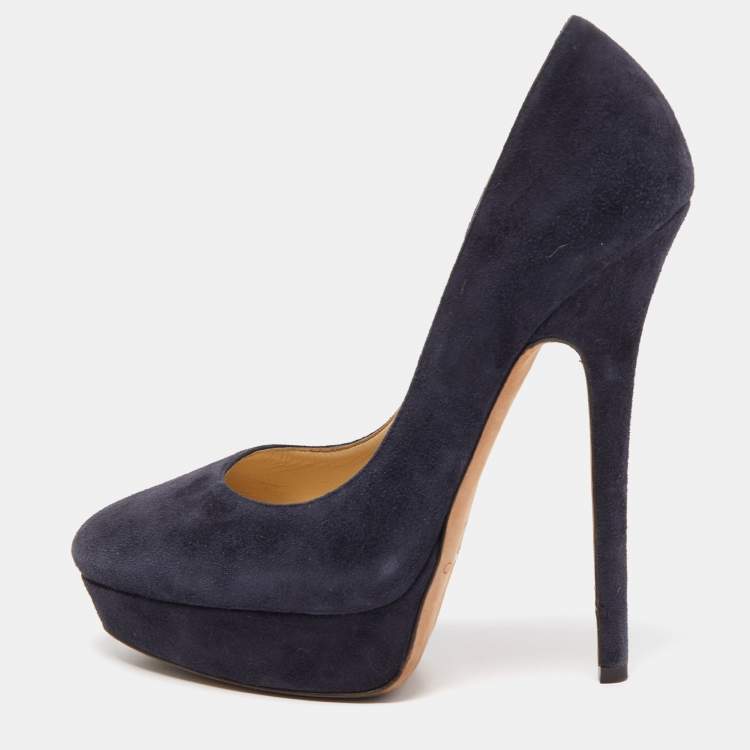 Pre Owned Jimmy Choo Navy Blue Suede Cosmic Platform Pumps Size 38.5