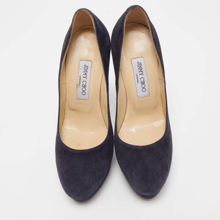 Pre Owned Jimmy Choo Navy Blue Suede Cosmic Platform Pumps Size 38.5