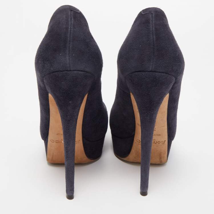 Pre Owned Jimmy Choo Navy Blue Suede Cosmic Platform Pumps Size 38.5
