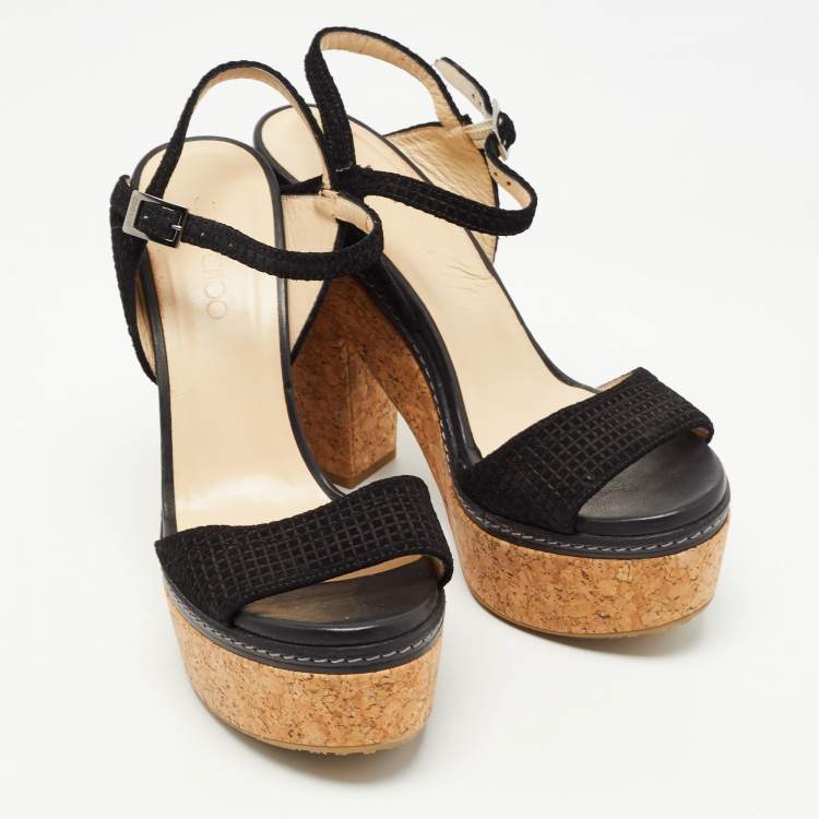 Pre Owned Jimmy Choo Black Suede Cork Block Heel Sandals Size 41