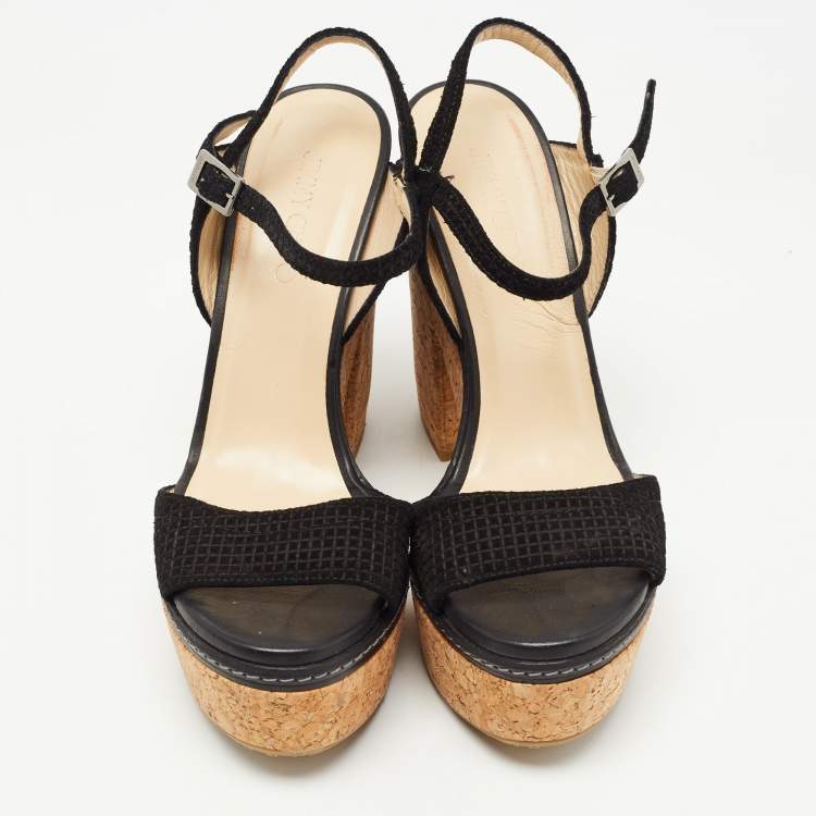 Pre Owned Jimmy Choo Black Suede Cork Block Heel Sandals Size 41